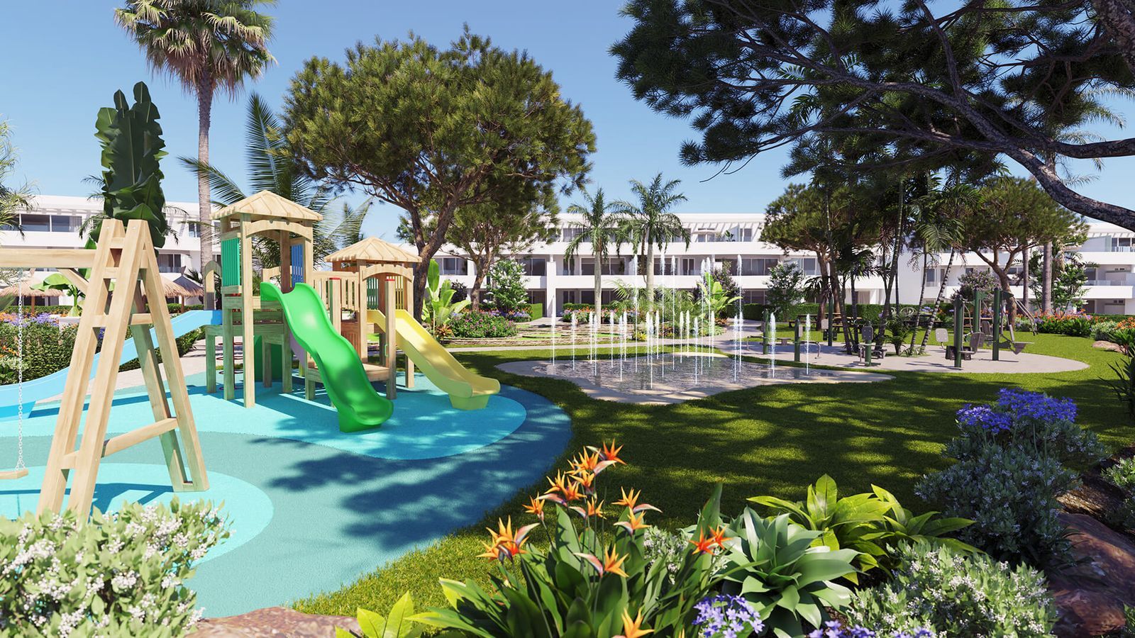 Speeltuin met glijbanen en waterspuwer in Serenity Golf Homes resort.
