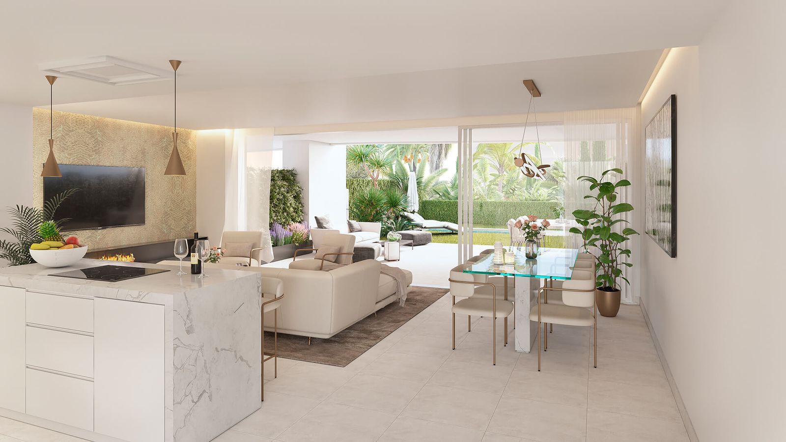 Moderne open woonkamer met uitzicht op de tuin bij Serenity Golf Homes.